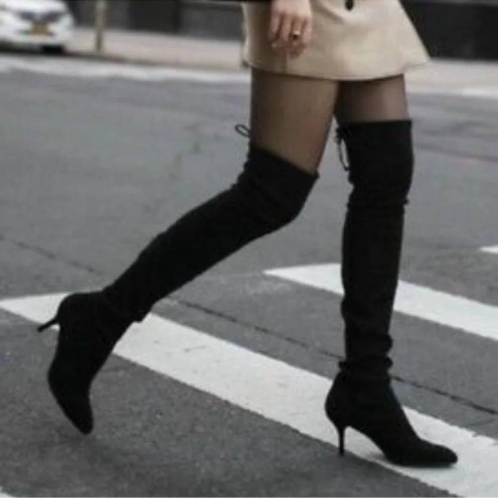 Stuart Weitzman Black Over-The-Knee Boots — Sleek Stretch Suede 9.5